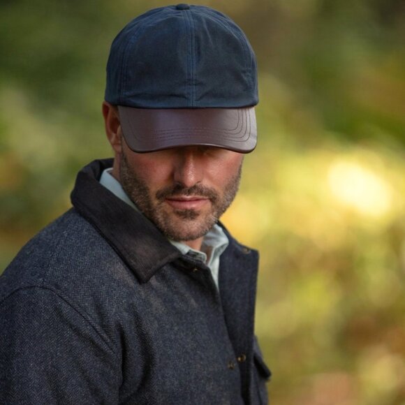 New Waxed Cotton Leather Bill Baseball Cap Hat Navy (Made in England) - Picture 1 of 7